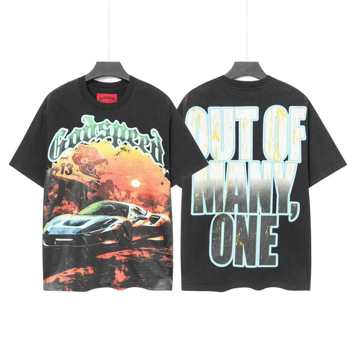 Godspeed Out Of Many One Car Sunset Graphic T-Shirt — front